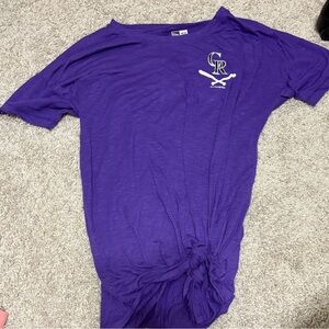 New Era Purple Rockies Women's Tee with Logo and tie